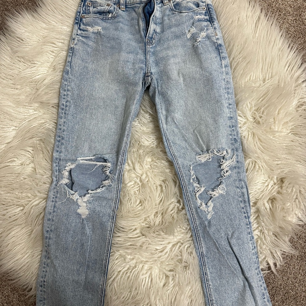 American Eagle Outfitters Blue Straight Leg Jeans with Distressed Details
